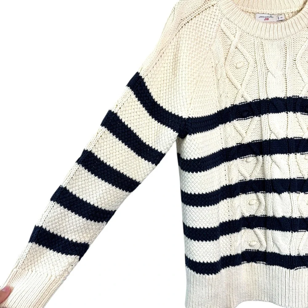 Vineyard Vines Womens Cream Navy Striped Cable Knit Merino Wool Blend Sweater 2X